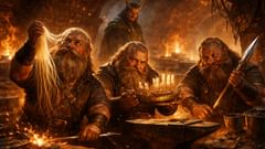 Los hijos de Ívaldi trabajan en su forja, creando maravillas para cumplir la promesa desesperada de Loki.