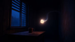 Escena de una soucouyant con una linterna antigua junto a la ventana.