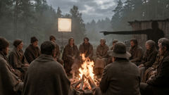 حلقة صغيرة حول المدفأة، بينما يحذر شيخ مُسن الأطفال: يرسِم ضوء النار وجوههم، وتتراقص الظلال كإصبع الرمح للساحرة.