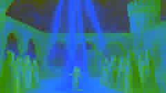 El hijo de las estrellas ascendiendo en un pilar de luz ante la asombrada princesa y corte