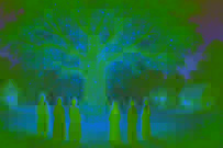 Aislinn y Branna liberan destellos de luz brillante desde un antiguo roble mientras los aldeanos observan con asombro.