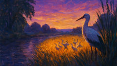 Leandros the stork stands at the river’s edge as cranes dance in a Greek field