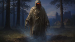Strigoi spirit emerging in moonlit forest among misty pines.