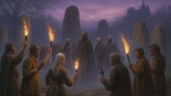 Villagers confronting strigoi spirits in a moonlit forest clearing.