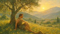 O sol brilha suavemente enquanto um viajante tira seu manto sob uma oliveira na Grécia.