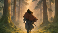 Susanoo, desterrado del cielo, llega a los bosques brumosos de Izumo, entre antiguas montañas.