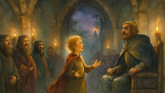 Young Taliesin recites poetry before King Maelgwn Gwynedd and jealous bards