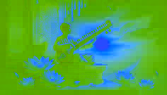 Tansen tocando el Raga del Amanecer en su sitar junto a Swami Haridas al amanecer, en un patio de mármol, con flores de loto a sus pies.