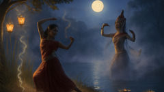 Tara lernt von einer Apsara am Flussufer tanzen.