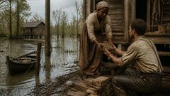 While the river climbed, two people with no clean past worked side by side at one door.