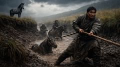 En la lluvia intensa, el niño extiende la mano hacia un caballo caído antes de aspirar a la gloria.
