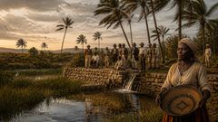 When the palms moved as one, even men of paper paused at the water's edge.