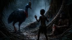 En el hueco sombreado por las raíces, el miedo pasa entre el niño, el pájaro y el forastero.