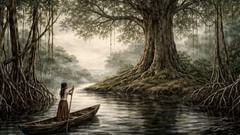Through rain and mangrove shadow, the old path narrowed toward a tree that remembered more than people did.