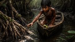 En el canal lateral en calma, la herida en el agua apareció.