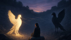 Anya at the Mirror Quarry between the Alkonost and the Sirin, naming the lost aloud