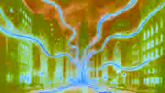 Una calle nocturna en Nueva York que brilla con venas de energía etérea latiendo sobre el pavimento.