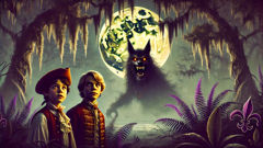 The Rougarou lunges from shadows at two frightened children near the woods’ edge.