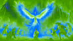 El Fénix se cierne en un claro de la selva, irradiando una luz dorada mientras Diego se arrodilla ante él, mientras los soldados de Esteban retroceden, llenos de miedo.