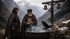 Under the cross and the wind bells, iron waits for a name.