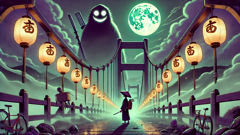 Shibaemon tanuki como um samurai fantasma na grande ponte da Ilha Awaji à noite