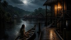 Eine Lampe über dem Wasser hielt eine weite Nacht zurück.