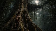 Acima das raízes, a luz ausente aguardava atrás das folhas.