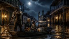 A través de callejones anegados y casas cerradas, la última chalupa recoge a quienes el agua no se ha cobrado.