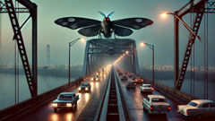 The Silver Bridge collapses as the Mothman is seen perched above.