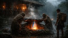 Under the capstone, a flame held its shape while rain beat the temple court.