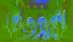 Villagers gather in a hidden courtyard celebrating under soft twilight with a white cat in the center