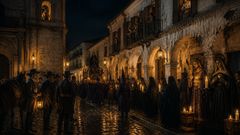 Nas vielas lavadas pela chuva, figuras imóveis mantêm a posição até que vizinhos vivos se ergam atrás delas.