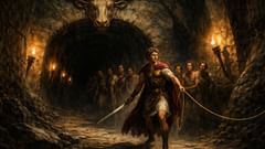 Theseus entra no labirinto impossível, com o fio de Ariadne, sua linha de vida, arrastando-se atrás dele.
