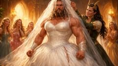 El poderoso Thor está vestido como una novia, su furia apenas contenida bajo el velo.