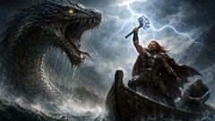 Gott steht der Schlange gegenüber – eine Vorschau auf Ragnaröks Endkampf, bei dem Thors Hammer erhoben ist, bereit, zum Schlag auszuholen, der jedoch nicht fallen wird.