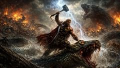 Thor enfrenta a la Serpiente del Mundo en su duelo predestinado: ambos caerán, ninguno sobrevivirá.