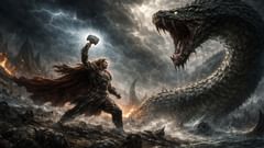 Was die Angeltour vorausgesehen hat, wird Ragnarök vollenden — Gott und die Schlange zerstören einander am Ende der Welt.