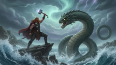 Thor struggling with Jörmungandr on a storm-tossed sea as the sky splits with thunder