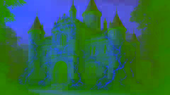 Una torre del palacio cubierta de maleza, devorada por enredaderas espinosas y que emiten un brillo intenso.