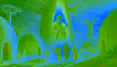 Drei Entdecker treten aus einem leuchtenden Baum in ein uraltes angolanisches Dorf ein, wo sie einem weisen Ältesten mit goldenen Augen gegenüberstehen, in einer surrealen Umgebung.