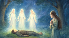 Three Laumes encircle Matas in a star-lit forest as Egle watches with concern
