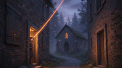 A scene showing a village at night interrupted by a streak of ember-light where the mule runs past lanterns and shuttered windows.