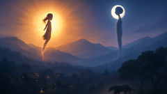 Sister ascending as the sun and brother rising as the moon above misty mountains