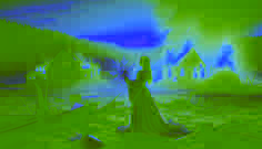The Ice Maiden confronting greed and fiery destruction in a burning village