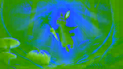 Peter Rabbit leaping back into the woods clutching a carrot and a piece of pumpkin