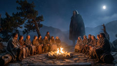 Nighttime encounter between villagers and Tsul 'Kalu' by firelight, shadows stretched across a mountain clearing