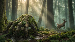 Tsul 'Kalu' tracking a stag through dense mountain forest at dawn, mist among hemlock trunks