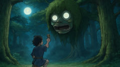 Uma enorme cabeça de yokai coberta de musgo descendo silenciosamente dos cedros acima de um menino segurando um talismã.