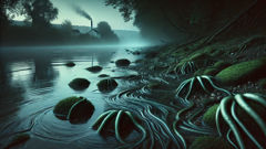 Long slimy tentacles trailing over a mossy riverbank, disappearing into a cave mouth at twilight