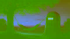 Uma silhueta de um menino descansando em uma rede sob um céu do crepúsculo, ao lado de sua máquina do tempo parada.